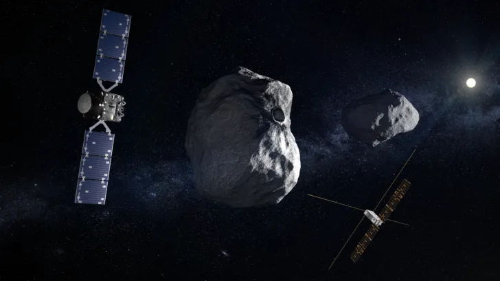Romsonden Hera (til venstre) med småsatellitter skytes opp høsten 2024 til asteroiden Didymos (i midten) og dens følgeasteroide Didymoon (til høyre).