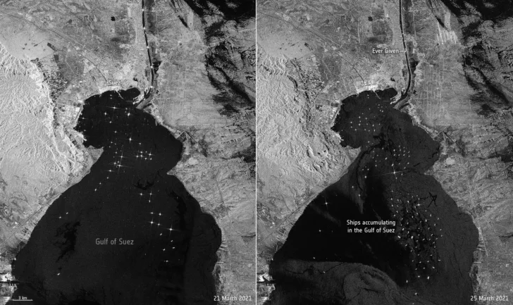 Kø av skip inn til Suezkanalen før (til venstre) og etter at det kinesiske skipet Ever Given gikk på grunn den 23. mars 2021. Sett av Sentinel-1.