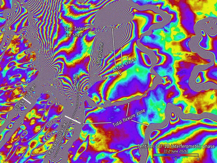 Interferogram av isbremmene Scar Inlet og Evans Ice Stream i Antarktis i 2026.