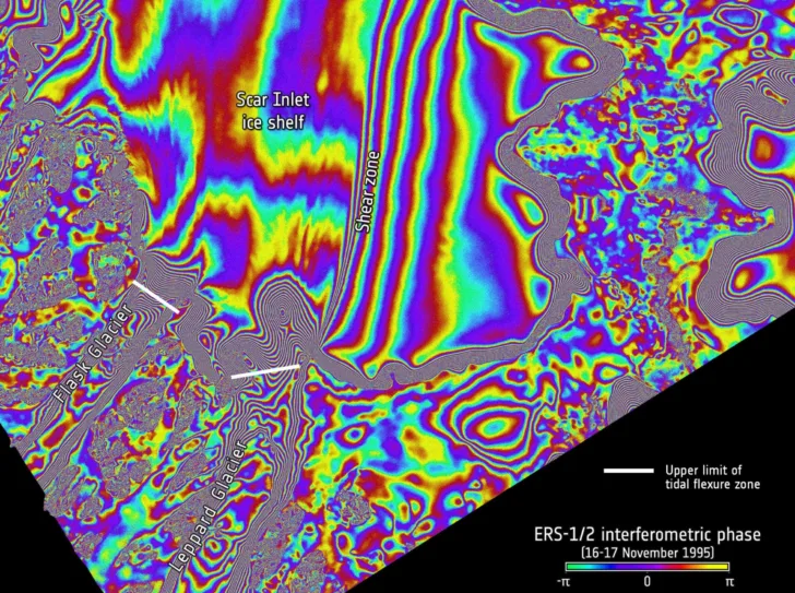 Interferogram av isbremmene Scar Inlet og Evans Ice Stream i Antarktis i 1995.