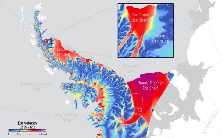 Hastigheten til isen i isbremmer i Vest-Antarktis.