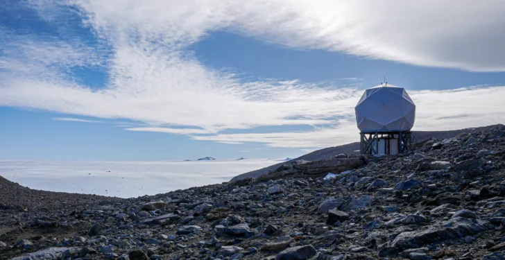 One of the satellite antennas of KSAT at Trollbasen in Dronning Maud Land in Antarctica.