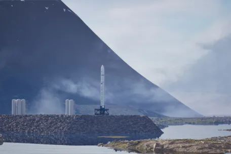 Illustration of a Spectrum rocket ready at the launch pad at Andøya Spaceport.