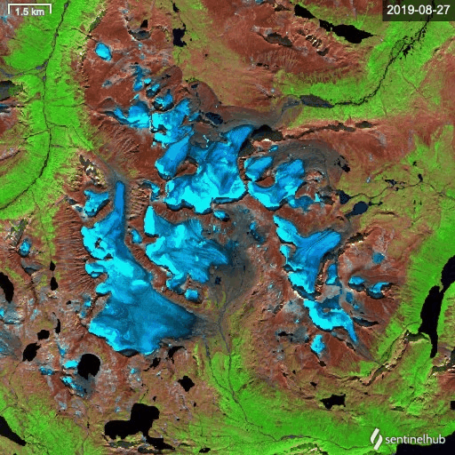 Isbre i Norge sett av Sentinel-2 den 27. august 2019 sammenliknet med den 26. august 2020.