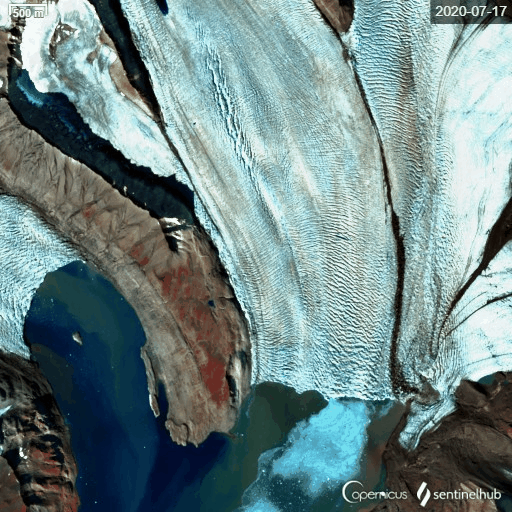 Osbornebreen på Svalbard sett av Sentinel-2 over flere dager i juli og august 2020.