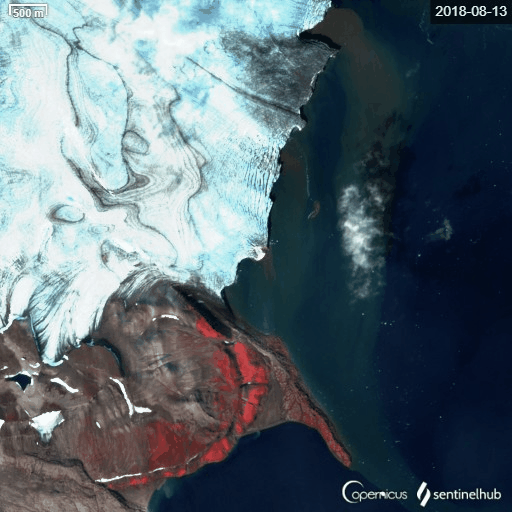 Sonklarbreen på Svalbard sett av Sentinel-2 i 2018, 2019 og 2020.