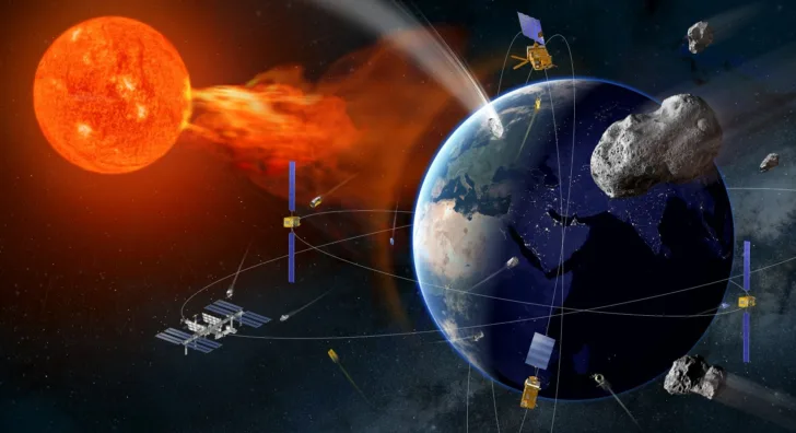 Nærgående asteroider, solstormer og dårlig romvær, og romsøppel er de største farene fra rommet.