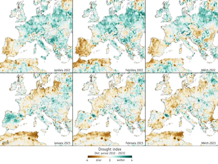 Fuktigheten i jordsmonnet i Europa sett av SMOS i januar, februar og mars 2023 sammenliknet med året før.