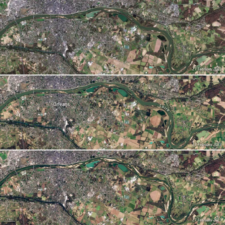 Vannføringen i elven Loire i Frankrike i februar 2023 sammenliknet med i 2022 og 2021, sett av Sentinel-2.