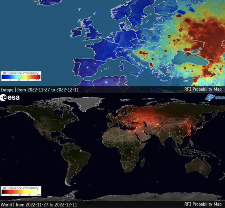 Forstyrrelser på frekvensen i Europa og resten av verden i 2022 som forskningssatellitten SMOS bruker.