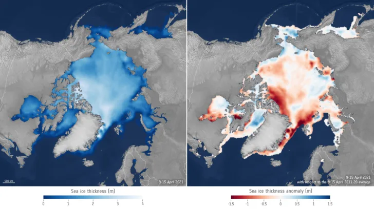 Tykkelsen av havis i april 2021 (til venstre) sammenliknet med gjennomsnittet av havis fra 2011 til 2020. Grafikk: ESA