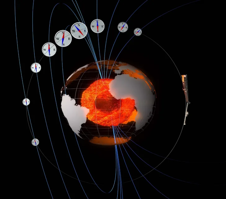 Forskningssatellittene Swarm (lengst til høyre) forsker på jordas magnetfelt, de magnetiske polene og jordas indre.