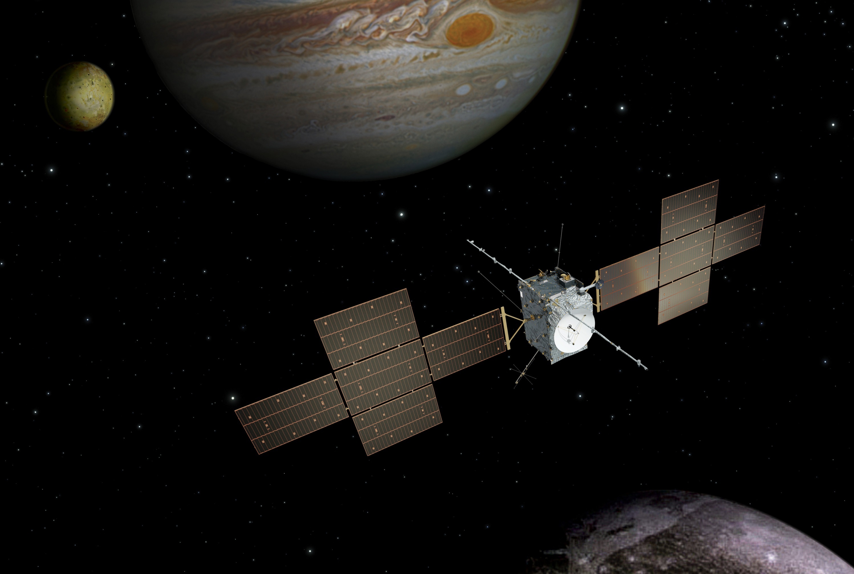 Illustrasjon av romsonden Juice på vei mot Jupiter. Dreiemekanismene til solcellepanelene er laget av KDA.