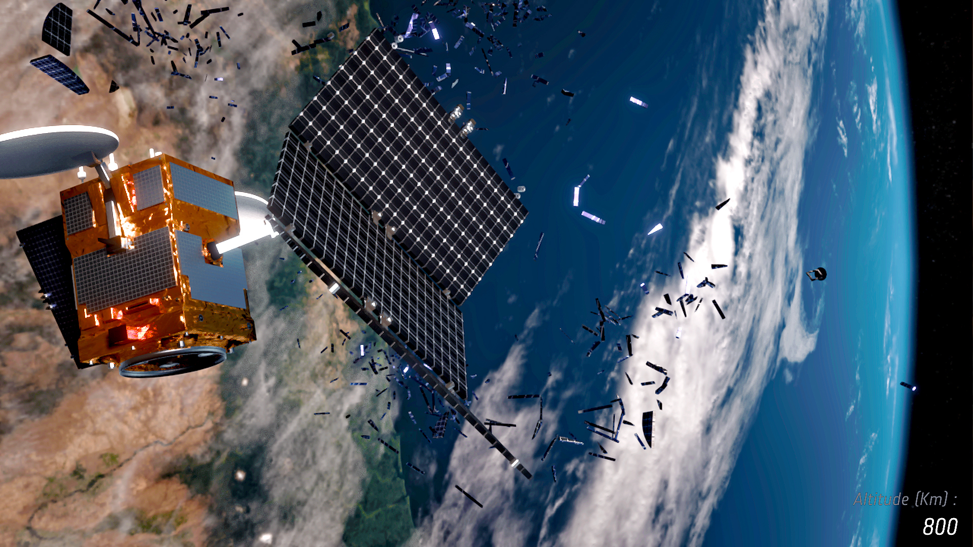 Når en satellitt brytes opp i rommet frigjøres en stor mengde små deler som igjen kan treffe og ødelegge andre satellitter. Foto: ESA/ID&Sense/ONiRiXEL