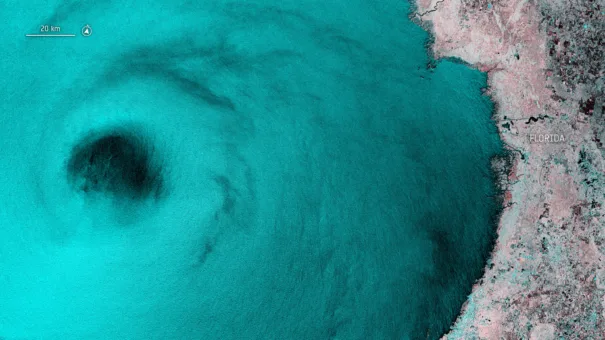 I september 2024 forårsaket den tropiske orkanen Helene store ødeleggelser og tap av menneskeliv i det sørlige USA. Her er orkanen sett av Sentinel-1.