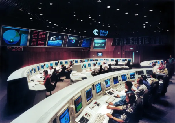 Kontrollrommet ved ESOC, ESAs Kontrollsenter.