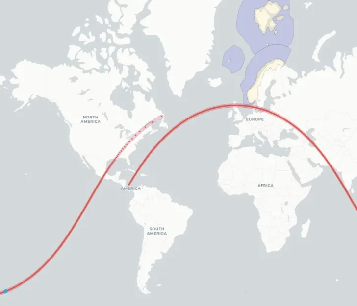 Matematisk simulering av banen til den kinesiske raketten som falt ned 30. januar 2026.
