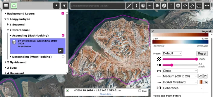 InSAR-datapunkter i Longyearbyen på Svalbard.