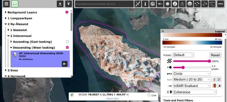 InSAR-datapunkter i Ny-Ålesund på Svalbard.