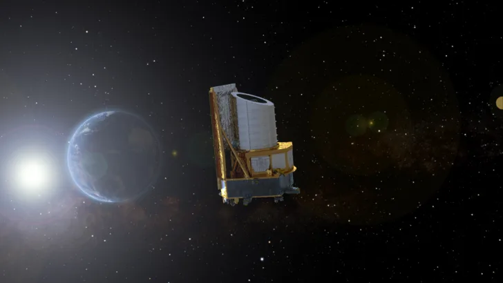 Illustrasjon av romteleskopet Euclid på vei mot Lagrange-punkt 2.