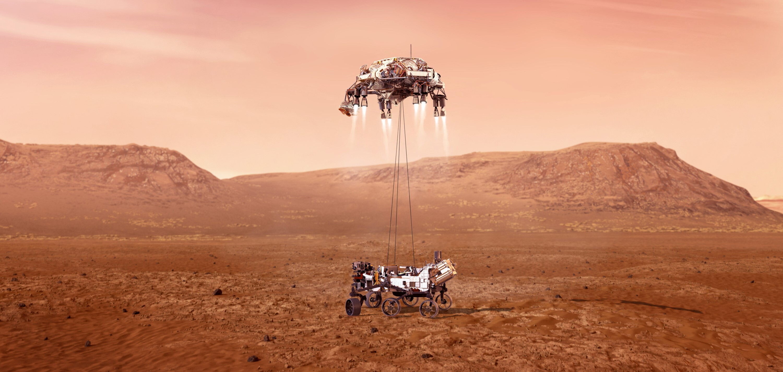 Perseverance med Rimfax skal lande på Mars ved hjelp av sveveplattform.