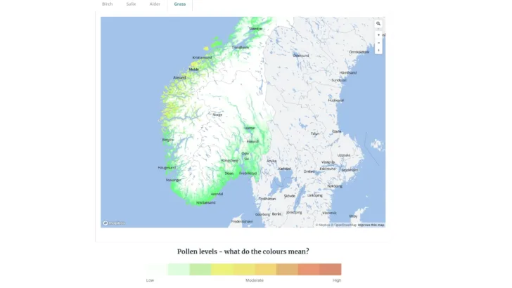 Den norske bedriften Airmines pollenvarslingstjeneste har en oppløsning ned til 40 meter.