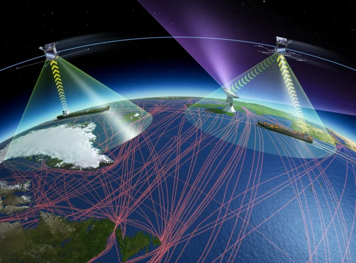 AIS-signalene fra skip kan mottas av basestasjoner på land og mottakere på satellitter.