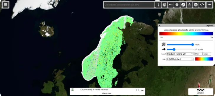 InSAR Norge på Norges Geologiske Undersøkelse sine nettsider viser nedsynking i Skandinavia.
