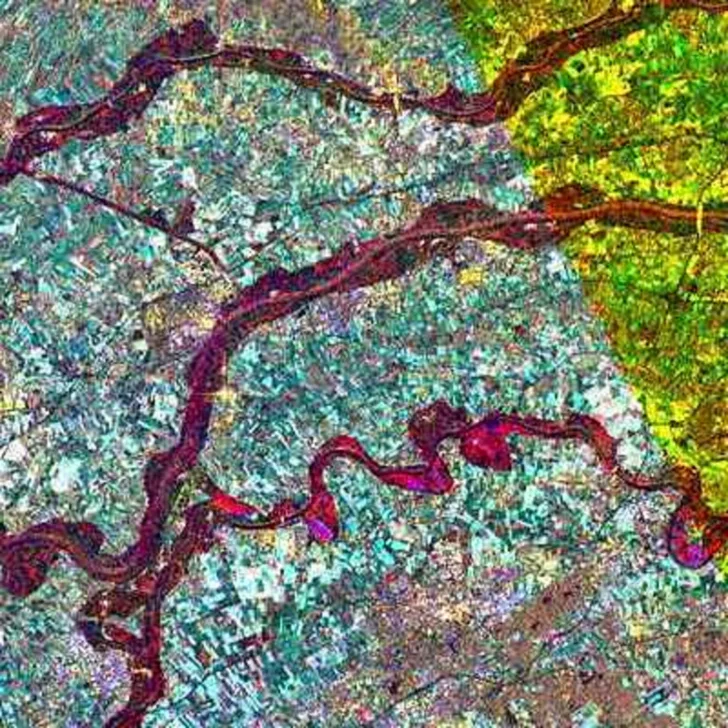 Radarbilde av flom (lilla) i Nederland sett av ERS-2.