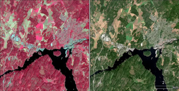 Sentinel-2 bilde over Halden i Østfold. Begge bildene viser samme området, men i ulike spektrale bånd. Bildet til venstre viser de spektrale båndene i falske farger her med kombinasjonen  nær-infrarødt, rødt og blått, mens bildet til høyre viser det synlige spekteret slik vi ser det naturlig. Bildene viser tydelig landbruks- og skogsareal, og at den infrarøde kanalen egner seg spesielt godt til å skille på forskjellige typer av avlinger og skogstyper. I tillegg ser man Svinesundbroa, både den gamle og den nye, til venstre i bildene.