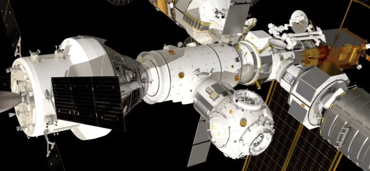 Gateway med Orion dokket og de europeiske modulene I-HAB og ESPRIT synlige i bildet.