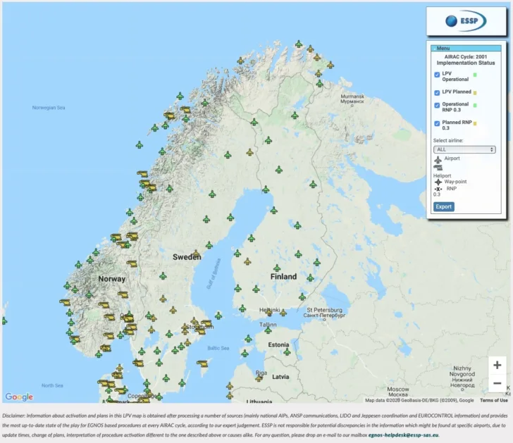Kart over flyplassene og landingsstedene som bruker EGNOS i Norge og resten av Norden.