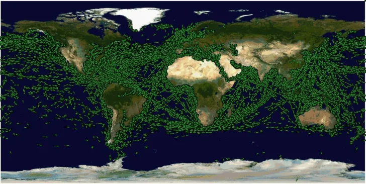 AIS-signaler fra skip over hele verden sett av NORAIS-2 på romstasjonen i løpet av en dag på alle fire AIS-frekvensene.