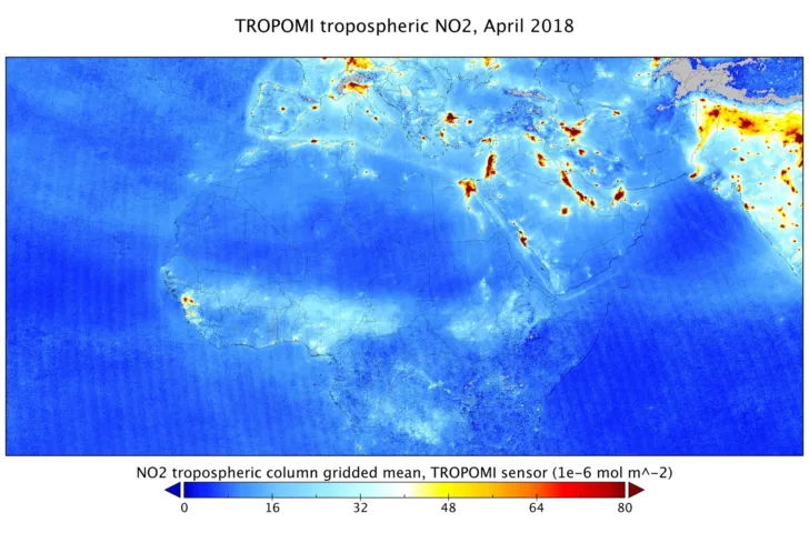 Nitrogendioksid over Sør-Europa, Midt-Østen og Afrika sett av Sentinel-5P i april 2018.