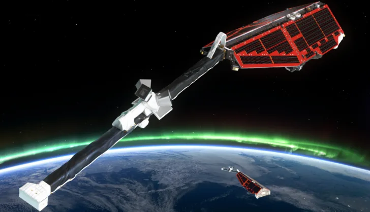 De europeiske forskningssatellittene Swarm undersøker jordas magnetfelt og indre. Foto: ESA/AOES Medialab